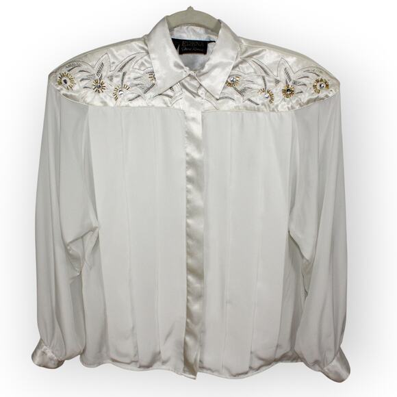 XS/S Vintage Erena by Irene Koenig Satin Blouse Ivory Embellished Yoke - Picture 5 of 16